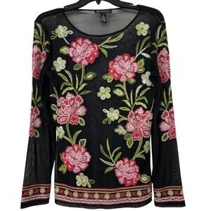 INC Sheer Black Mesh Floral Embroidered Long Sleeve Top Whimsigoth, Fairy Small